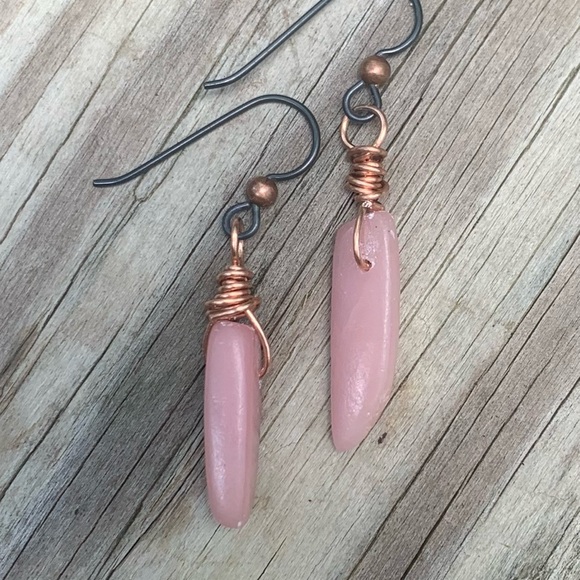 Pink Opal copper wrapped. Niobium ear wire earrings - Picture 7 of 8